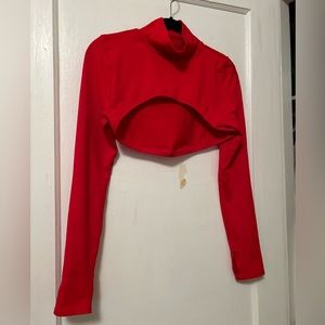 Cropped Dance Shirt - Stretchy Red Material Turtleneck with Thumbholes